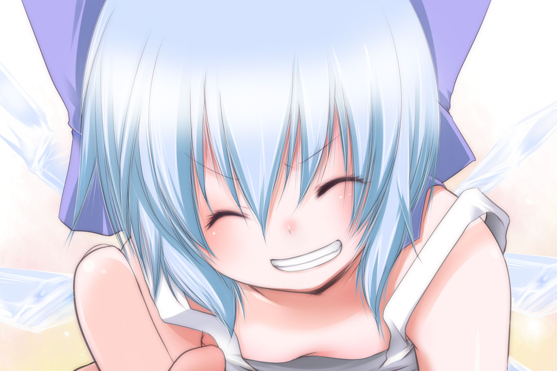 fujisaki hikari, cirno, touhou, highres, 1girl, blue hair, closed eyes, downblouse, female focus, flat chest, grin, pointing, ribbon, smile, solo