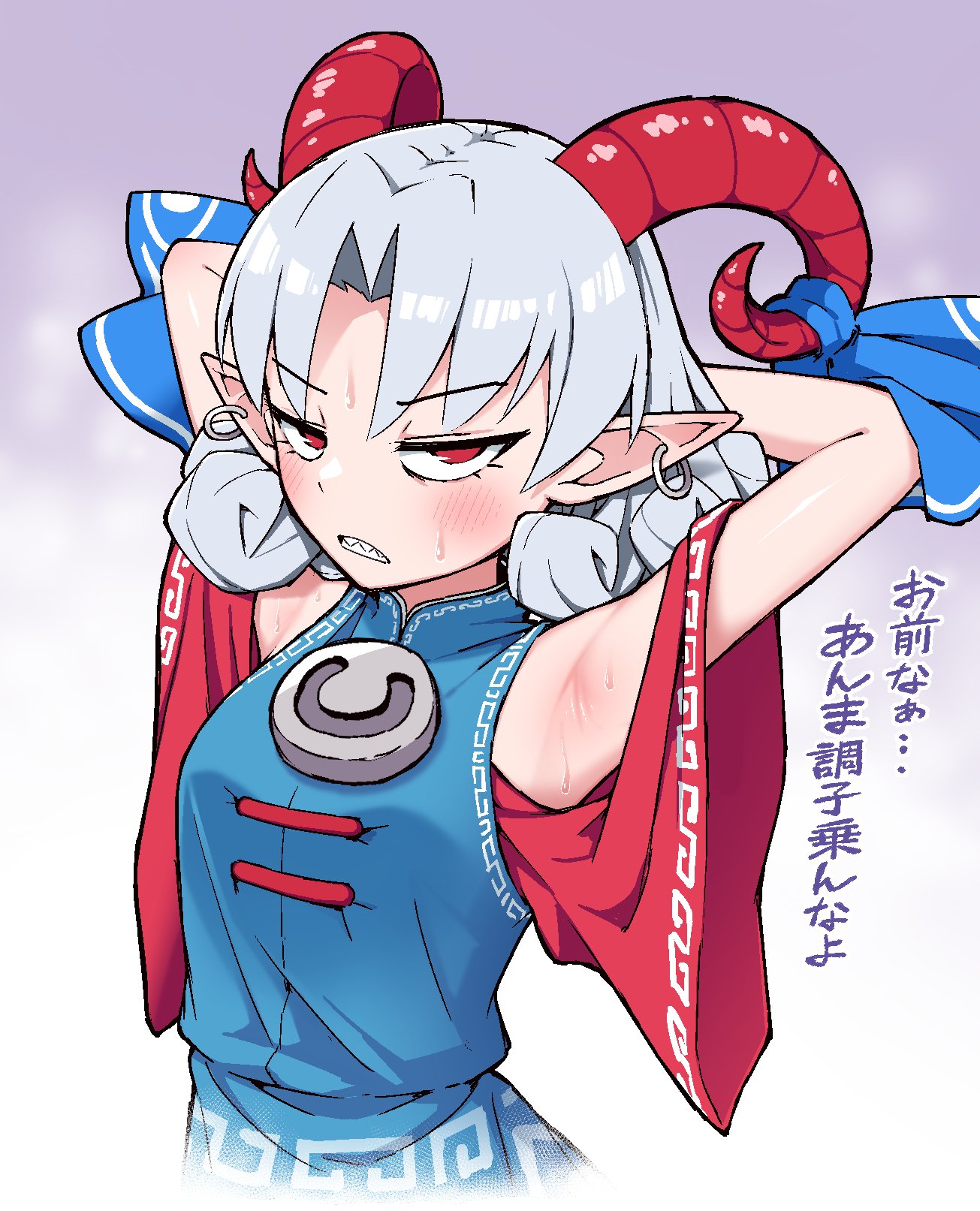 solidus (sword cube), toutetsu yuuma, touhou, commentary request, highres, translation request, 1girl, armpits, arms behind head, arms up, blue dress, blue ribbon, blush, cropped torso, curled horns, curtained hair, dress, ear piercing, earrings, grey hair, hoop earrings, horn ornament, horn ribbon, horns, jewelry, looking at viewer, meandros trim, parted lips, piercing, pointy ears, red eyes, red horns, red sleeves, ribbon, sharp teeth, sheep horns, short hair, sleeveless, sleeveless dress, solo, sweat, teeth, wide sleeves