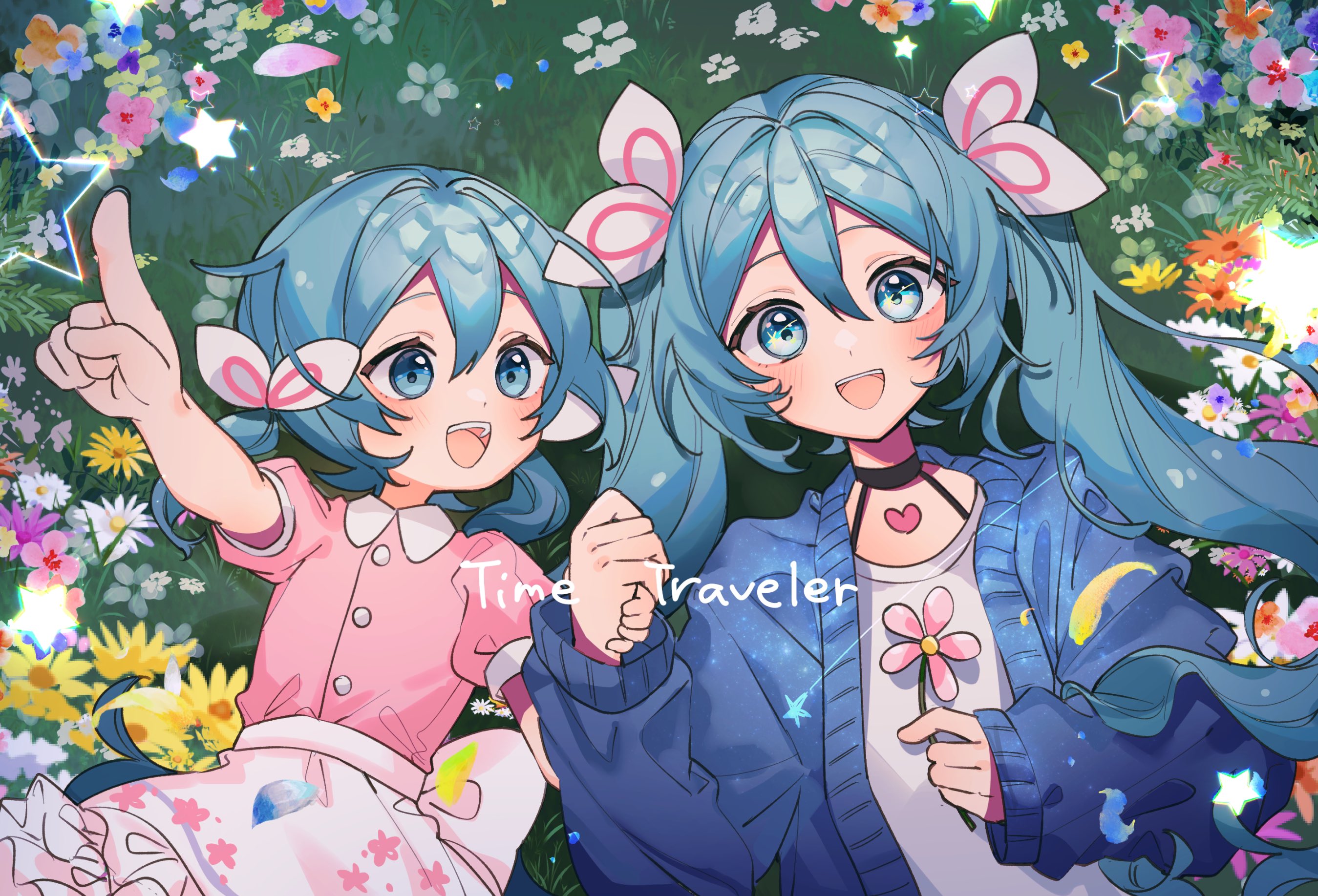 sazanami (ripple1996), hatsune miku, vocaloid, commentary request, highres, 2girls, aqua eyes, aqua hair, black choker, blue jacket, blush, choker, collared shirt, flower, grass, hair between eyes, hair ornament, holding, holding flower, jacket, long hair, long sleeves, looking at another, looking at viewer, lying, multiple girls, on back, on grass, open mouth, pink flower, pink shirt, pink skirt, puffy short sleeves, puffy sleeves, shirt, short sleeves, skirt, smile, twintails, upper body, very long hair, white flower, white shirt, yellow flower