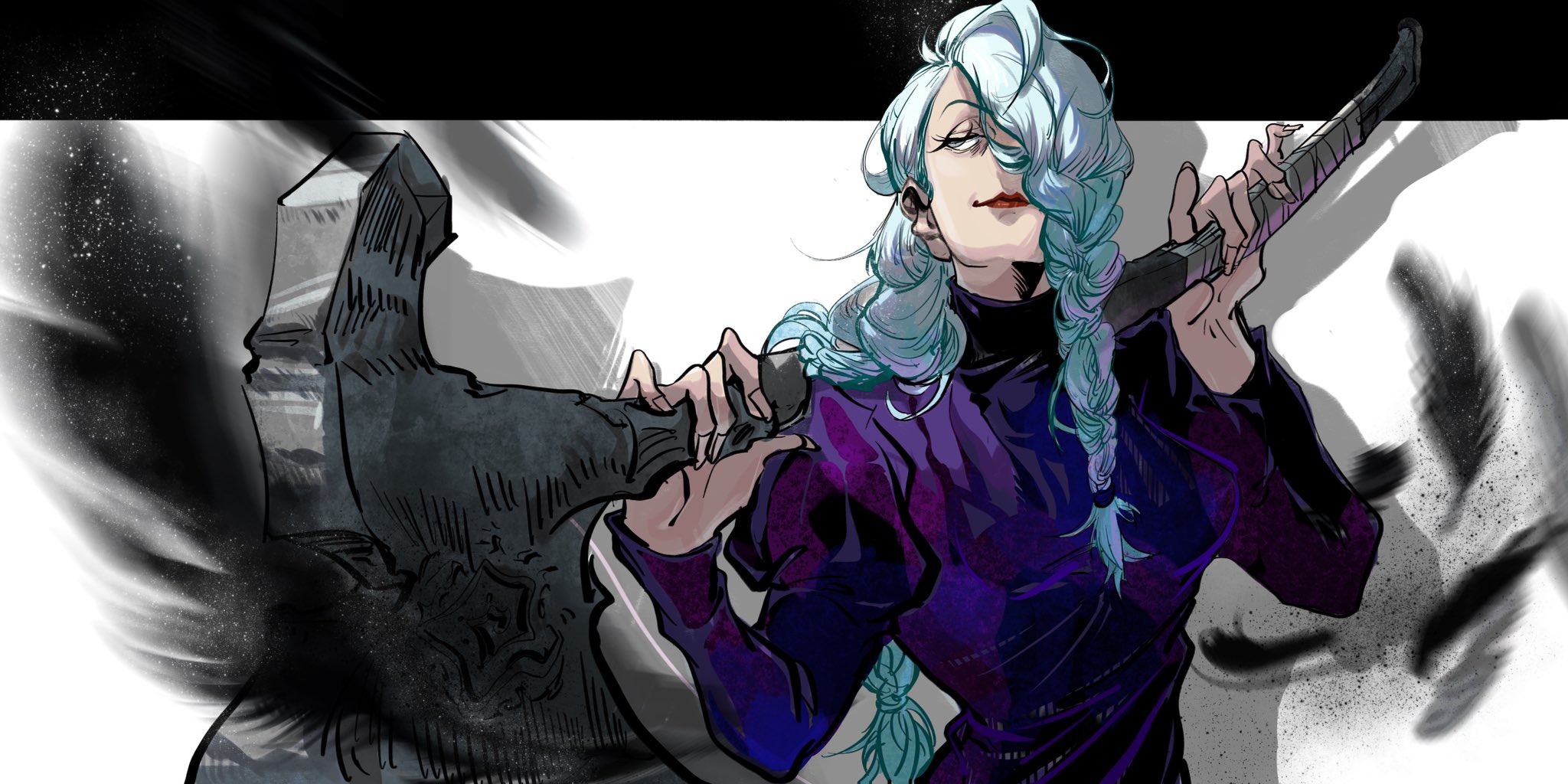 yuan jessie0430, mei mei (jujutsu kaisen), jujutsu kaisen, commentary request, highres, 1girl, black feathers, blue hair, braid, dress, eyelashes, feathers, holding, holding weapon, looking to the side, purple dress, red lips, shadow, solo, turtleneck, turtleneck dress, weapon