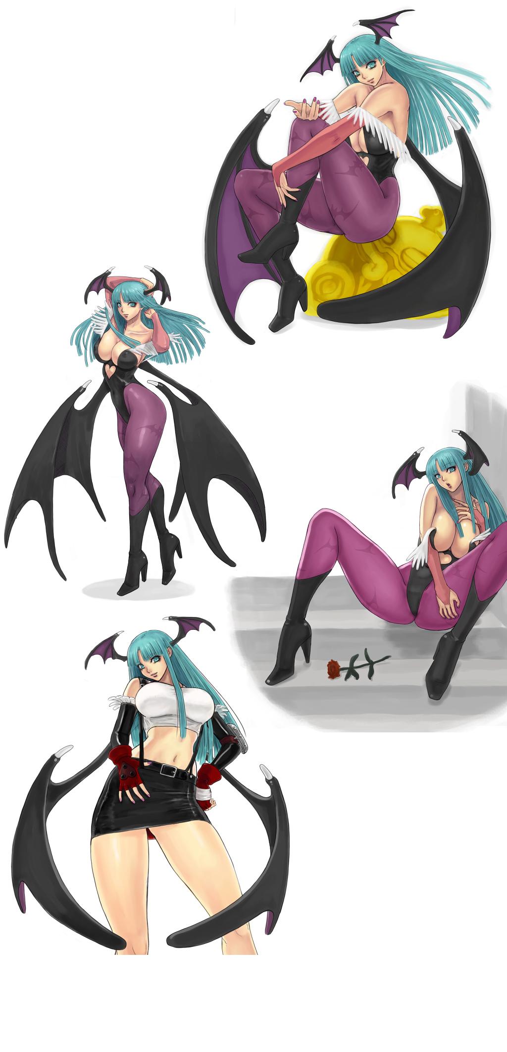 ark (morita hitomi), morrigan aensland, tifa lockhart, capcom, darkstalkers, final fantasy, final fantasy vii, highres, 1girl, aqua eyes, aqua hair, bare shoulders, bat wings, blunt bangs, boots, breasts, cleavage, cosplay, demon girl, elbow gloves, flower, gloves, green eyes, green hair, head wings, high heels, hime cut, large breasts, long hair, nail polish, pantyhose, rose, shoes, suspenders, tifa lockhart (cosplay), wings