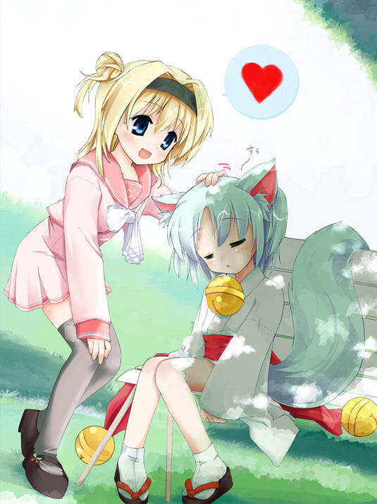 niiya, chitose sana, rindou ruri, tenshinranman, 2girls, animal ears, bench, closed eyes, flat chest, fox ears, fox tail, hair bun, headband, headpat, heart, japanese clothes, multiple girls, neck bell, open mouth, sandals, single hair bun, smile, socks, spoken heart, tabi, tail, thighhighs, zouri