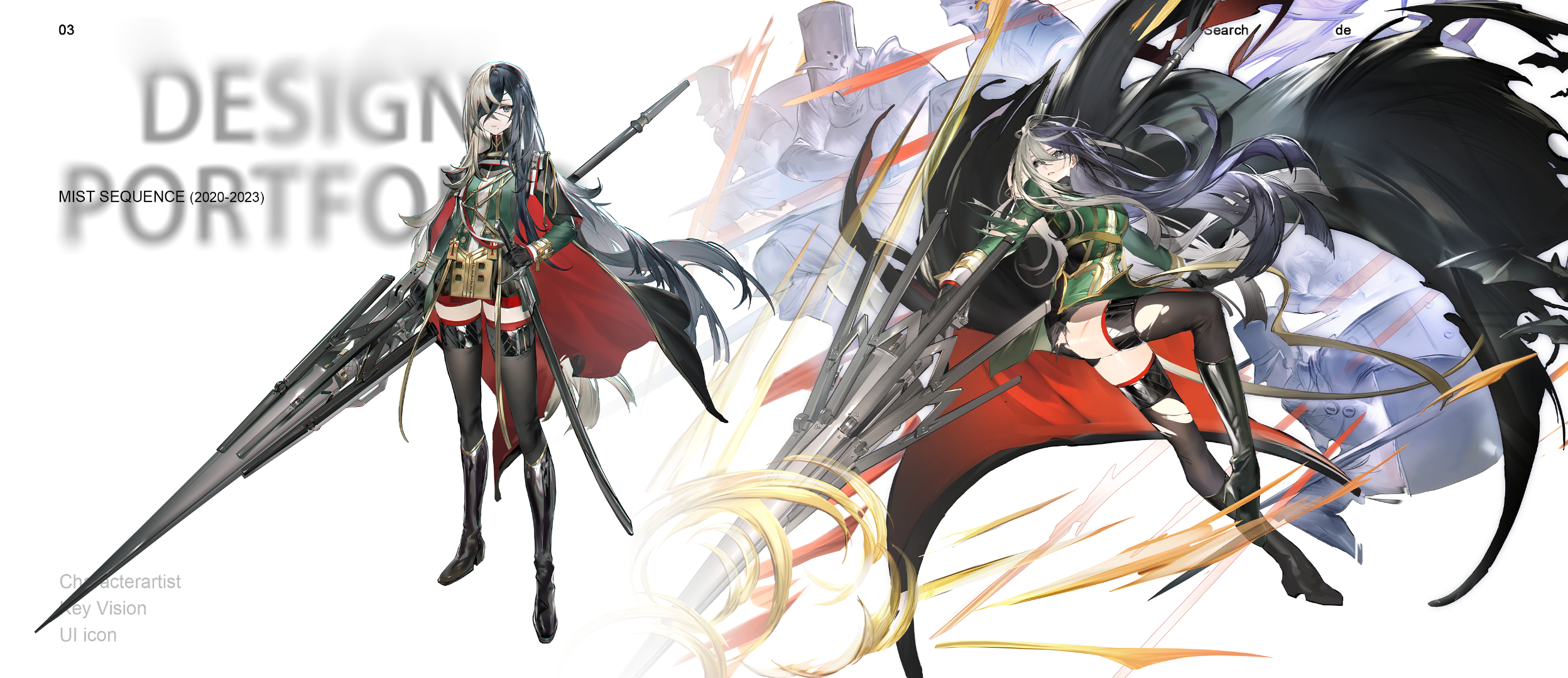 mist sequence, character request, highres, 1girl, 3others, black boots, black hair, black shorts, black thighhighs, boots, cape, copyright name, green jacket, hair over one eye, holding, holding polearm, holding weapon, jacket, multiple others, polearm, sheath, sheathed, shorts, solo focus, sword, thighhighs, torn clothes, torn jacket, torn thighhighs, weapon, white hair, yi yuansu san gong