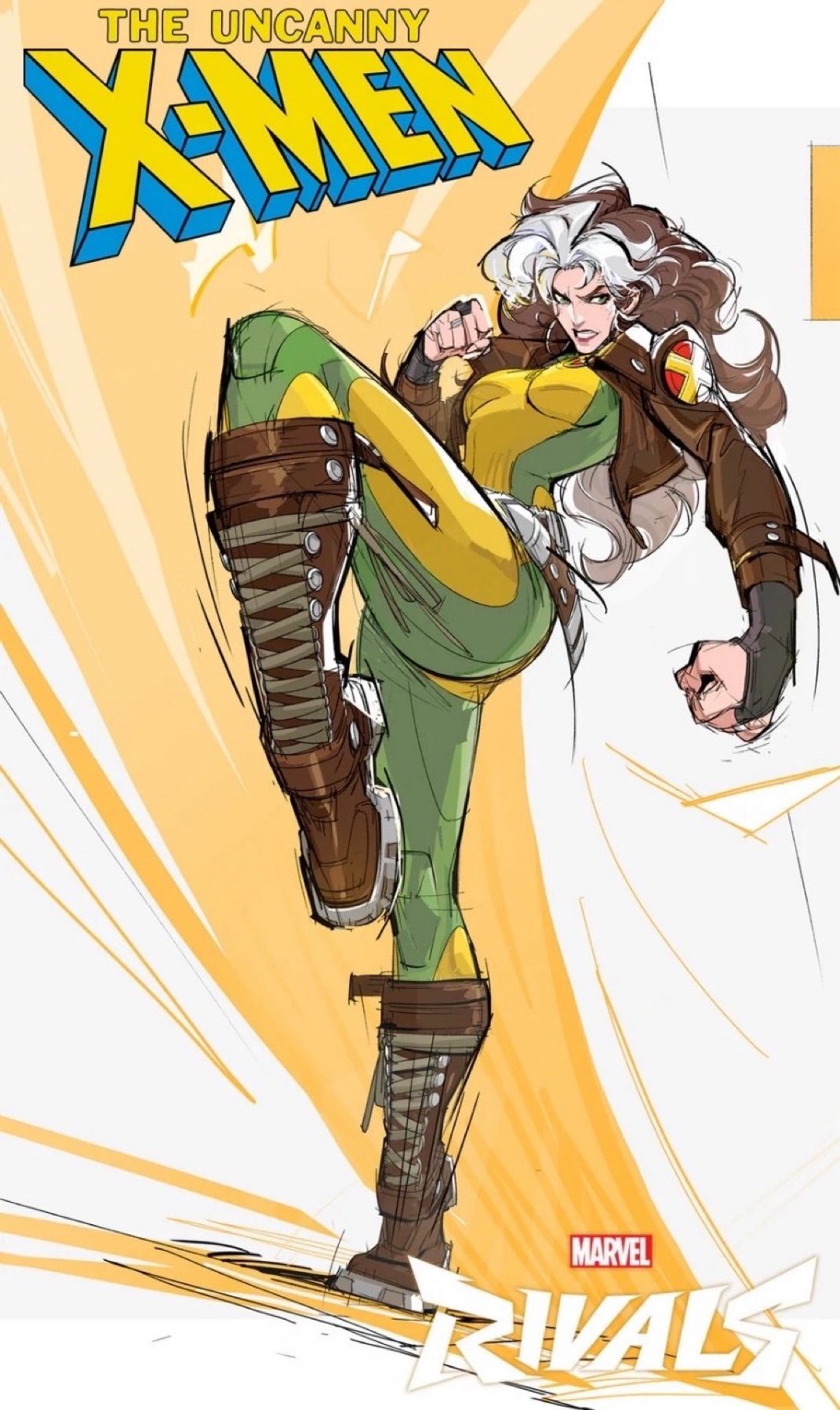rogue (x-men), marvel, marvel rivals, x-men, artist request, commentary, english commentary, highres, official art, third-party source, 1girl, black bridal gauntlets, bodysuit, boots, breasts, bridal gauntlets, brown boots, brown hair, brown jacket, clenched teeth, copyright logo, curly hair, earrings, full body, green bodysuit, hoop earrings, jacket, jewelry, kicking, knee up, logo, long hair, medium breasts, multicolored bodysuit, multicolored hair, ring, solo, superhero costume, teeth, two-tone bodysuit, white hair, yellow bodysuit