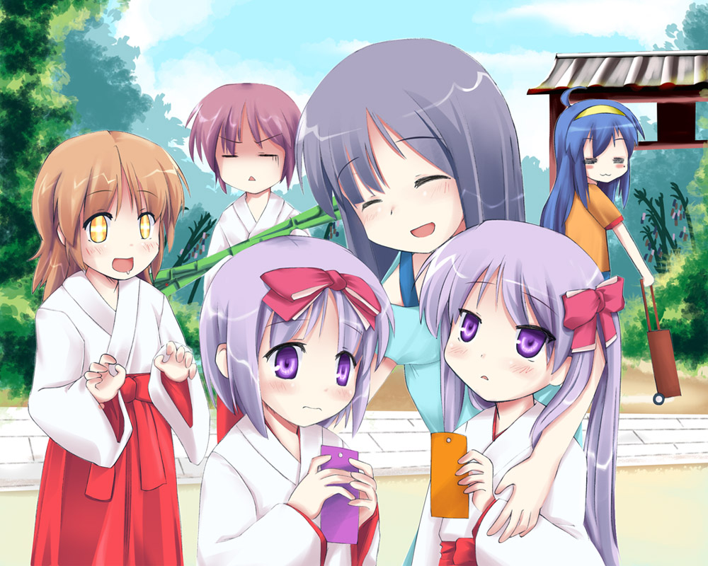 niiya, hiiragi inori, hiiragi kagami, hiiragi matsuri, hiiragi miki, hiiragi tsukasa, hirano aya, izumi konata, suzumiya haruhi, suzumiya haruhi (young), lucky star, suzumiya haruhi no yuuutsu, + +, 6+girls, :<, :3, = =, age difference, ahoge, closed eyes, cosplay, day, family, japanese clothes, miko, mole, mole under eye, mother and daughter, multiple girls, open mouth, siblings, sisters, smile, suzumiya haruhi (young) (cosplay), twins, voice actor connection