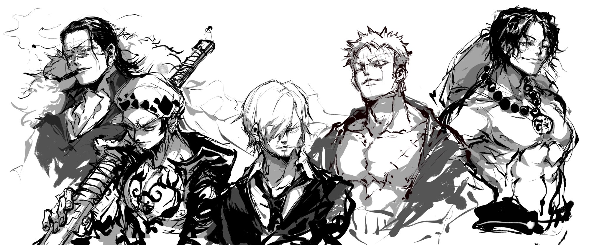 yuan jessie0430, crocodile (one piece), portgas d. ace, roronoa zoro, sanji (one piece), trafalgar law, one piece, chinese commentary, commentary, highres, 5boys, chest tattoo, cigar, coat, collared shirt, greyscale, hair over one eye, hat, holding, holding sword, holding weapon, japanese clothes, jewelry, kimono, looking at viewer, male focus, monochrome, multiple boys, necklace, necktie, pearl necklace, shirt, short hair, simple background, stitched face, stitched torso, stitches, sword, tattoo, topless male, upper body, weapon