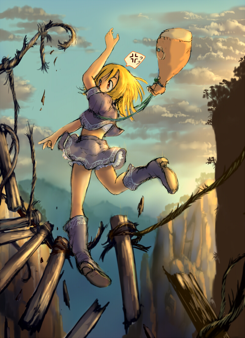 guma, 1girl, bad end, bag, blonde hair, boots, bridge, canyon, cliff, cloud, falling, female focus, full body, mountain, nature, orange eyes, outdoors, rope, skirt, sky, solo, surprised