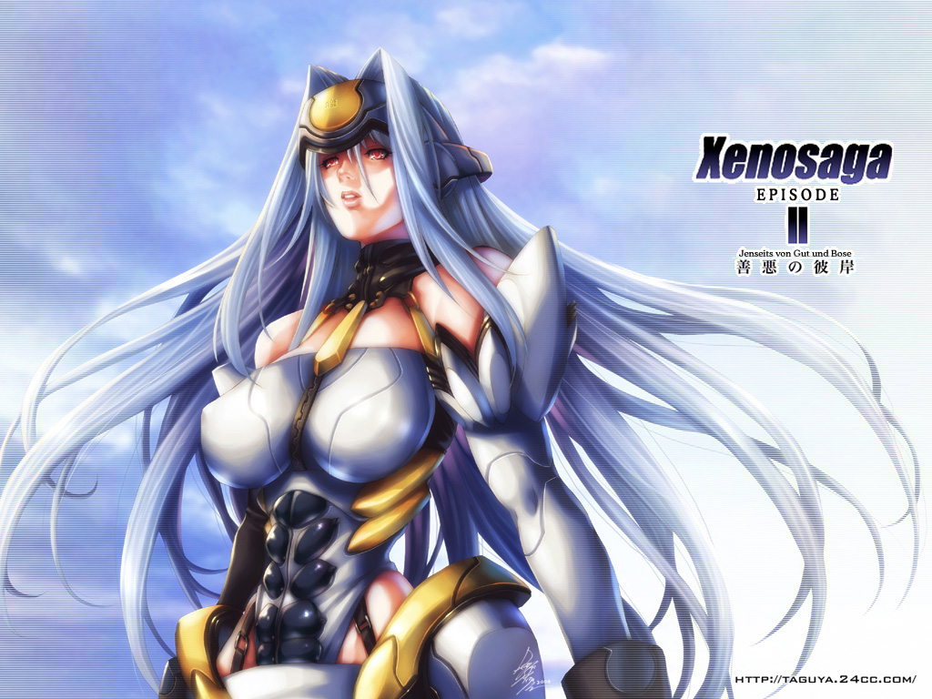 momofuki rio, takuya itaiwan, kos-mos, xenosaga, xenosaga episode i, xenosaga episode ii, 00s, 1girl, abs, android, blue hair, breasts, elbow gloves, female focus, gloves, large breasts, long hair, red eyes, solo