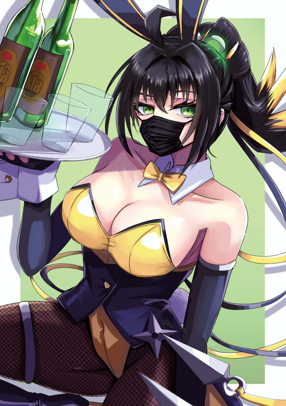 shiina aono, s-force rappa chiyomaru, s:p little knight, yu-gi-oh!, highres, 1girl, adapted costume, animal ears, black hair, blonde hair, bottle, breasts, cleavage, colored tips, cup, duel monster, fake animal ears, fishnet pantyhose, fishnets, green eyes, holding, holding tray, kneeling, kunai, large breasts, leotard, long hair, mask, mouth mask, multicolored hair, nontraditional playboy bunny, pantyhose, rabbit ears, solo, strapless, strapless leotard, tray, weapon, wine bottle, yellow leotard