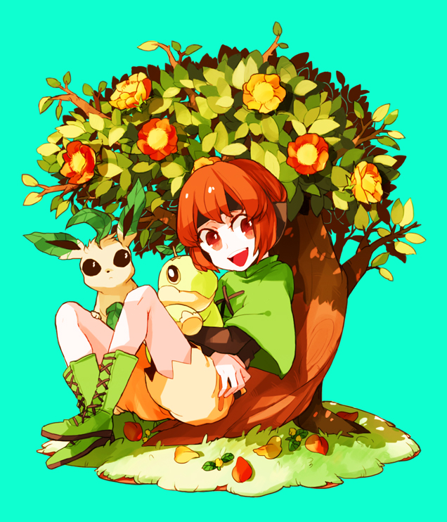 dada, dada (dolce), gardenia (pokemon), leafeon, turtwig, nintendo, pokemon, pokemon dppt, 00s, 1girl, boots, brown eyes, brown hair, capelet, faux figurine, flower, gen 4 pokemon, green boots, green capelet, gym leader, open mouth, orange eyes, orange hair, petals, pokemon (creature), short hair, sitting, smile, tree, yellow eyes