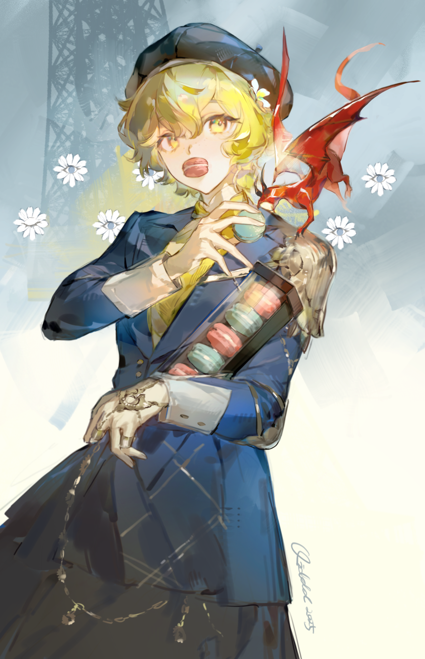 reverse:1999, absurdres, highres, 1girl, armor, beret, black hat, blonde hair, blue background, blue jacket, blue skirt, brume (reverse:1999), dragon, dragon on shoulder, flower, food, food in mouth, gradient background, hair flower, hair ornament, hand up, hat, holding, holding food, jacket, looking at viewer, macaron, mouth hold, qiddd, short hair, shoulder armor, skirt, small dragon, solo, upper body, white flower, yellow eyes