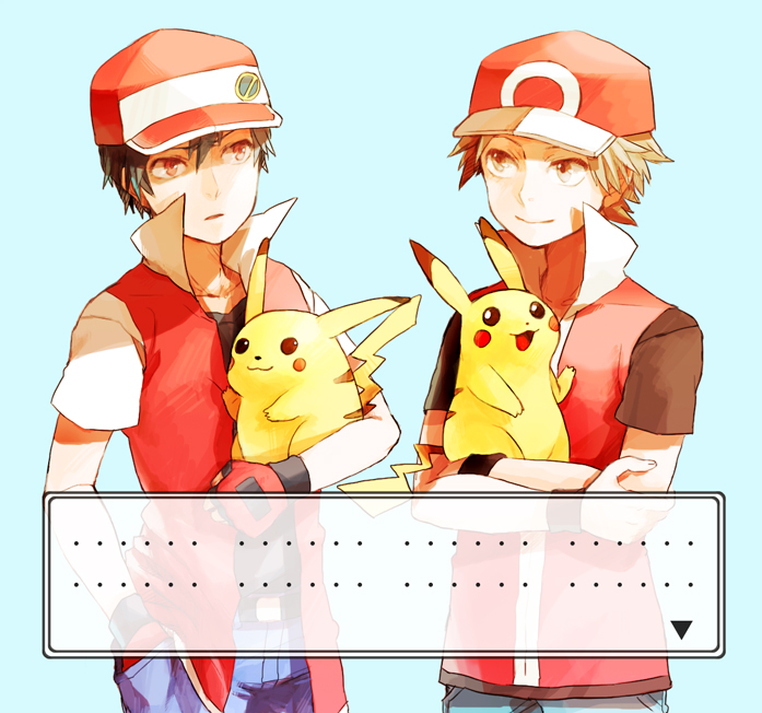 dada, dada (dolce), pikachu, pixiv red, red (pokemon), red (pokemon frlg), nintendo, pokemon, pokemon frlg, pokemon rgby, bad id, bad pixiv id, …, 00s, 1990s (style), 2boys, baseball cap, black hair, brown eyes, brown hair, crossed arms, denim, dialogue box, dual persona, fingerless gloves, gen 1 pokemon, gloves, hat, jacket, jeans, male focus, multiple boys, open mouth, pants, pokemon (creature), popped collar, red eyes, retro artstyle, short hair, simple background, smile