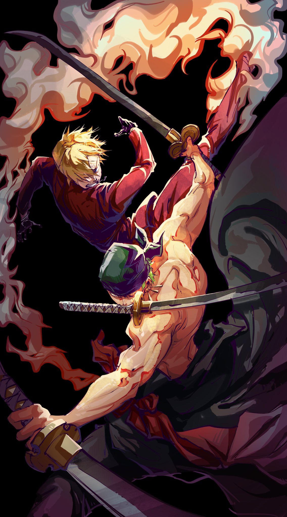 yuan jessie0430, roronoa zoro, sanji (one piece), one piece, highres, 2boys, black background, black gloves, blonde hair, curly eyebrows, curly hair, earrings, fire, formal clothes, gloves, green hair, hair over one eye, holding, holding sword, holding weapon, japanese clothes, jewelry, kimono, leg up, male focus, multiple boys, red sash, sash, simple background, smoke, suit, sword, topless male, weapon, weapon in mouth