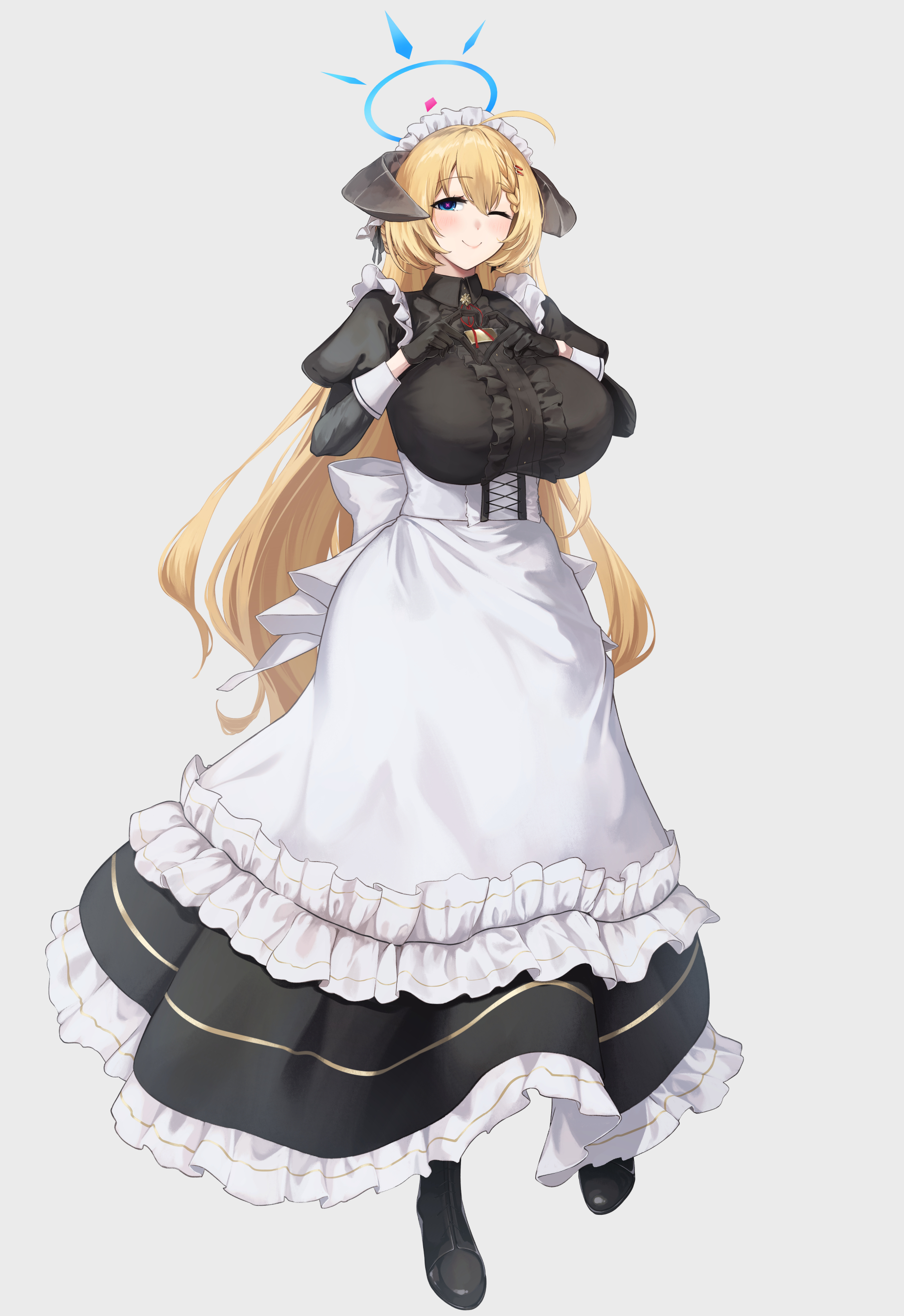 mori yashiro (konkon oyashiro), akari (blue archive), blue archive, absurdres, highres, 1girl, ahoge, alternate costume, apron, black dress, black horns, blonde hair, blue eyes, blue halo, breasts, demon horns, dress, enmaided, forward-facing horns, halo, heart, heart hands, horns, huge breasts, juliet sleeves, long hair, long sleeves, looking at viewer, maid, maid headdress, one eye closed, pink pupils, puffy sleeves, smile, solo, symbol-shaped pupils, very long hair, waist apron, white apron, x-shaped pupils