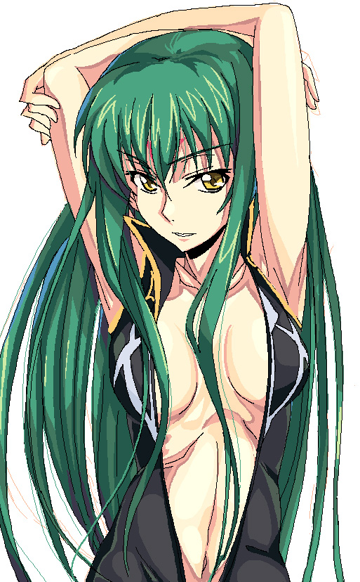 ningen (ningen96), c.c., code geass, bad id, bad pixiv id, 00s, 1girl, armpits, breasts, center opening, female focus, geass, green hair, long hair, oekaki, solo, yellow eyes