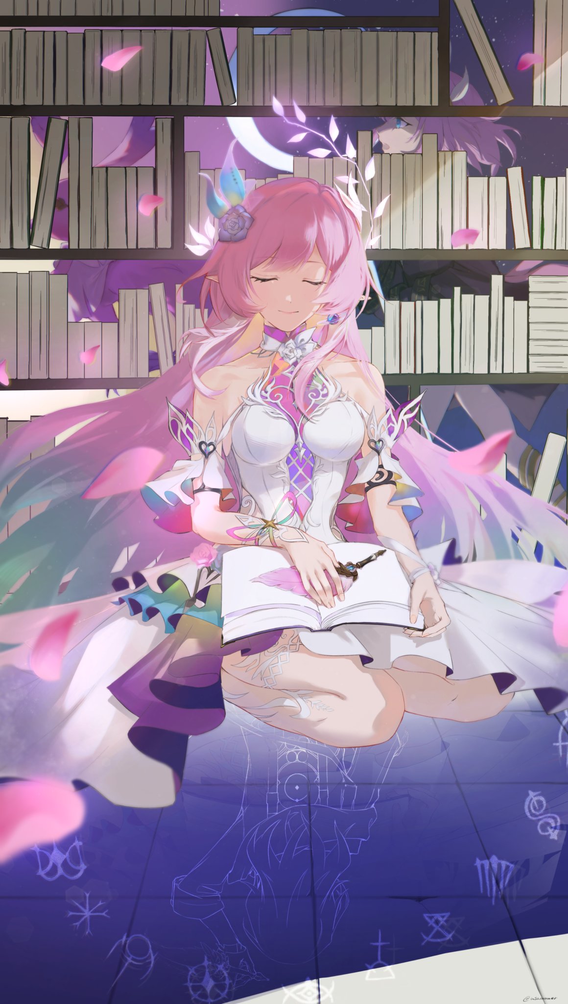 usammmer, cyrene (honkai: star rail), stelle (honkai: star rail), trailblazer (honkai: star rail), honkai: star rail, honkai (series), hashtag-only commentary, highres, 1girl, aqua hair, book, bookshelf, breasts, cyrene (demiurge) (honkai: star rail), dress, earrings, flower, hair flower, hair ornament, indoors, jewelry, large breasts, long hair, multicolored hair, pink hair, pointy ears, seiza, sitting, smile, solo, tile floor, tiles, very long hair, white dress, white hair