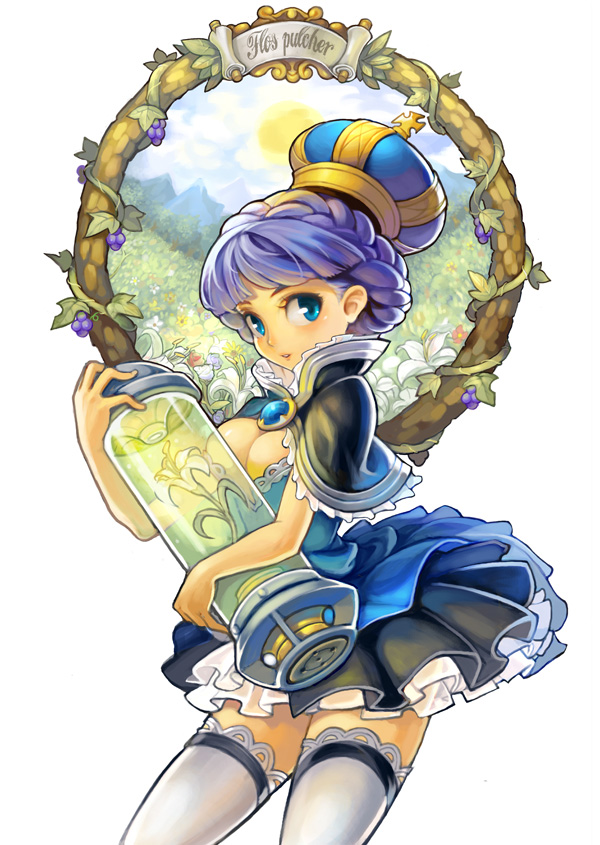 jairou, copyright request, 1girl, art nouveau, blue eyes, blue hair, braid, breasts, cleavage, crown, dress, female focus, flower, matching hair/eyes, medium breasts, solo, thighhighs