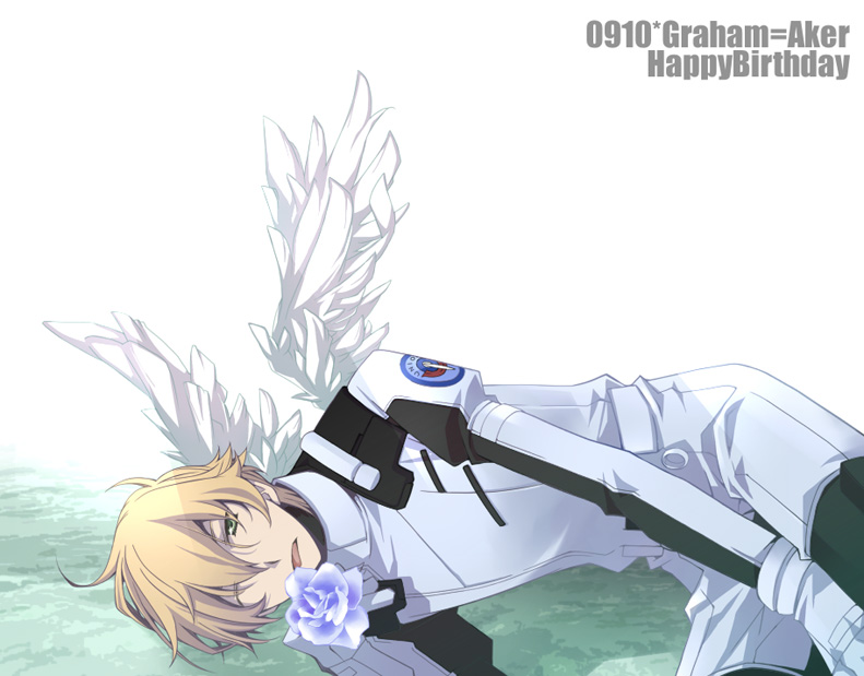 nesu, graham aker, gundam, gundam 00, md5 mismatch, resolution mismatch, source larger, 00s, 1boy, angel wings, blonde hair, blue flower, blue rose, flower, green eyes, male focus, rose, solo, wings