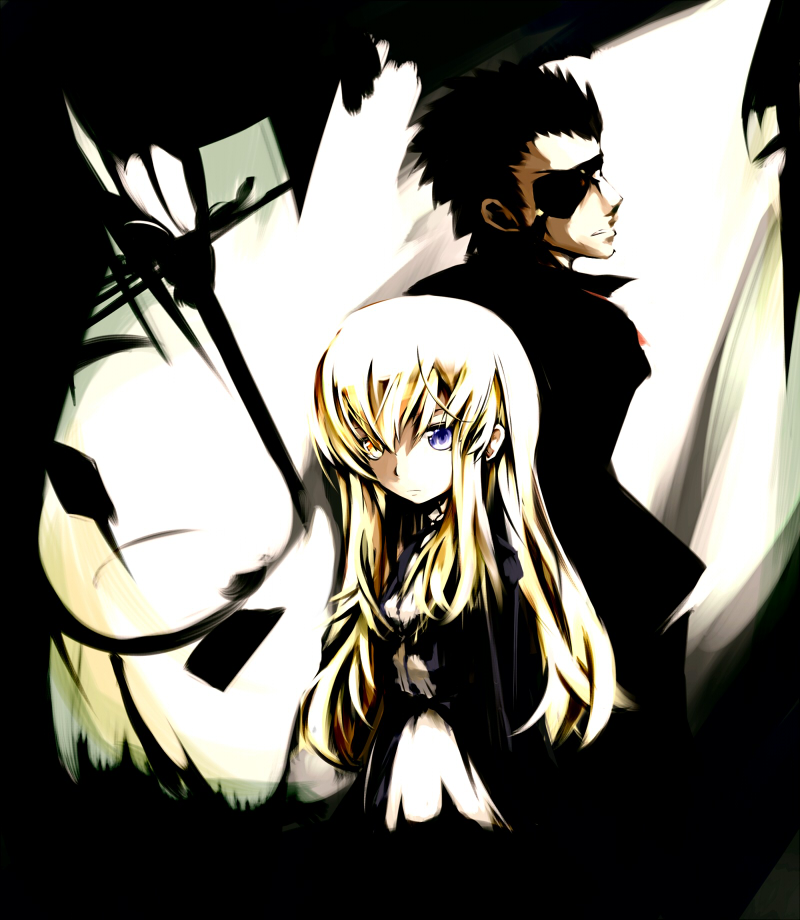 kurokoge013, james moriarty, mary clarissa christie, shikkoku no sharnoth, steampunk (liarsoft), bad id, bad pixiv id, black hair, blonde hair, eyepatch, heterochromia