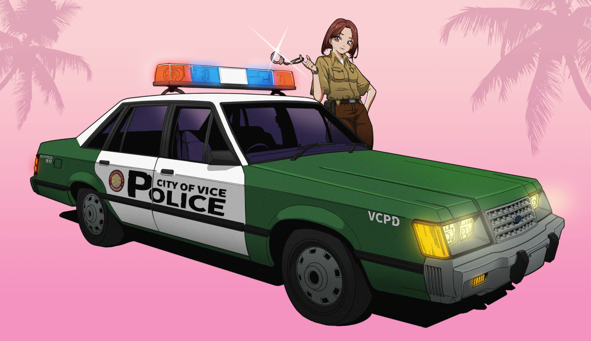 ford, grand theft auto, grand theft auto: vice city, highres, 1girl, breast pocket, brown hair, brown pants, brown shirt, car, closed mouth, collared shirt, cuffs, feiyi, ford ltd, gradient background, hand on own hip, handcuffs, headlight beam, holding, holding handcuffs, motor vehicle, palm tree, pants, pink background, pocket, police, police car, police uniform, policewoman, pouch, right-hand drive, shirt, short hair, short sleeves, smile, solo, standing, tree, undershirt, united states, vehicle focus, white shirt