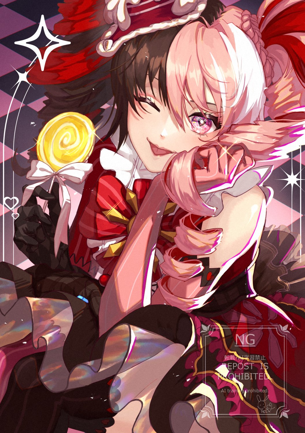 milord jz, luna snow, marvel, marvel rivals, commentary, highres, 1girl, argyle background, asymmetrical gloves, black gloves, bow, brown dress, brown hair, candy, dress, drill hair, elbow gloves, food, frills, gloves, heart, heart-shaped pupils, holding, holding candy, holding food, holding lollipop, lolita fashion, lollipop, looking at viewer, luna snow (cherry delight), mismatched gloves, multicolored hair, official alternate costume, one eye closed, pink eyes, pink gloves, pink hair, red bow, red streaks, solo, split-color hair, sweet lolita, symbol-shaped pupils, tongue, tongue out, twin drills, white bow