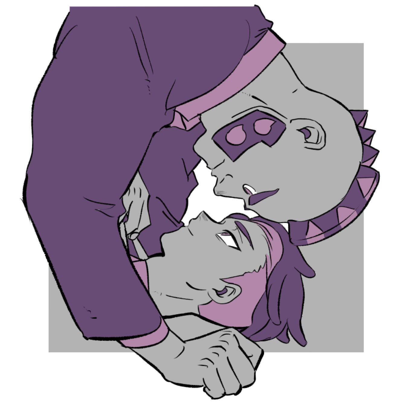 corbeau (pokemon), philippe (pokemon), nintendo, pokemon, pokemon legends: z-a, commentary request, highres, 2boys, closed mouth, eye contact, facial hair, glasses, jacket, layered sleeves, limited palette, long sleeves, looking at another, male focus, mohawk, multiple boys, no eyewear, profile, short hair, smile, suit jacket, undercut, yaoi, zfjsfg