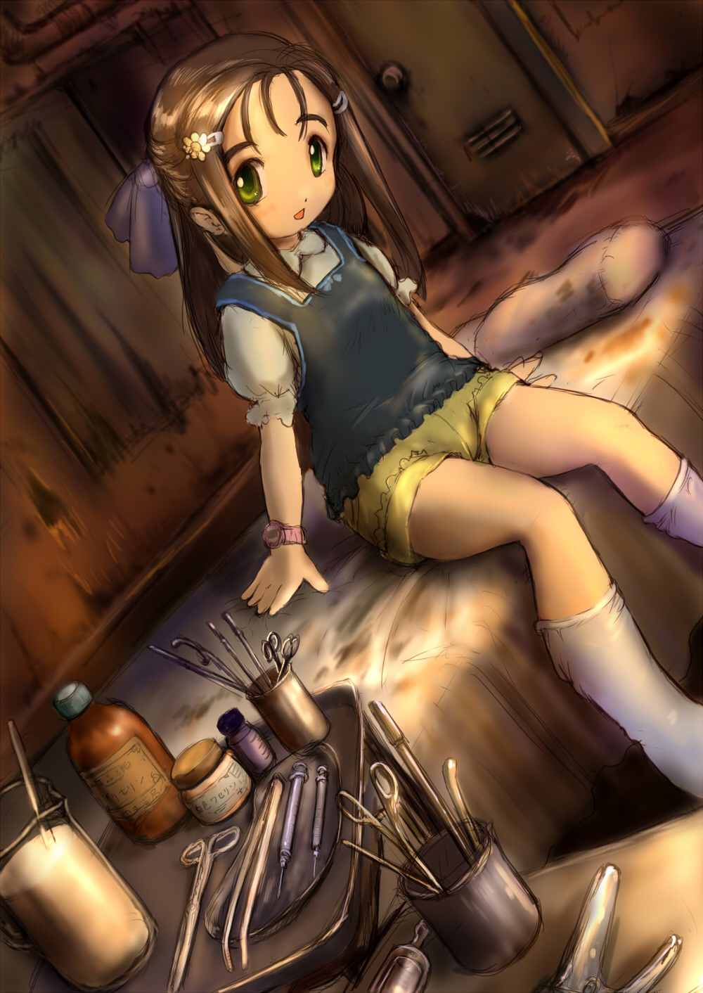 guma, highres, 1girl, bed, bed sheet, brown hair, child, dirty, female focus, flower, green eyes, hair ornament, hair ribbon, hairclip, long hair, pillow, ribbon, scissors, shorts, sitting, socks, solo, stain, syringe, watch