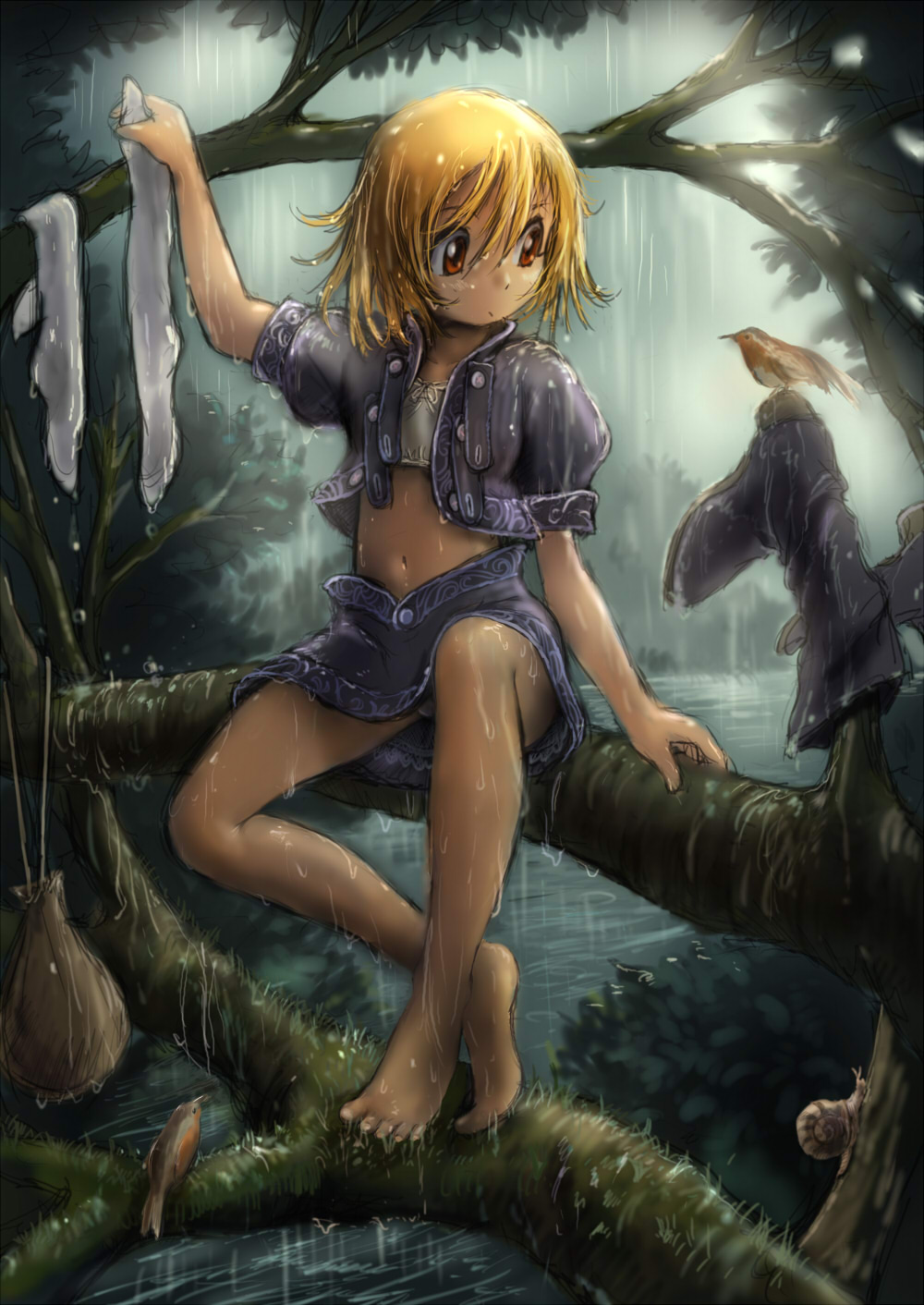 guma, original, highres, 1girl, barefoot, bird, blonde hair, boots, brown eyes, feet, female focus, flat chest, forest, lake, loli, midriff, nature, navel, panties, pantyshot, rain, sitting, skirt, snail, socks, solo, toes, tree, underwear, water, wet