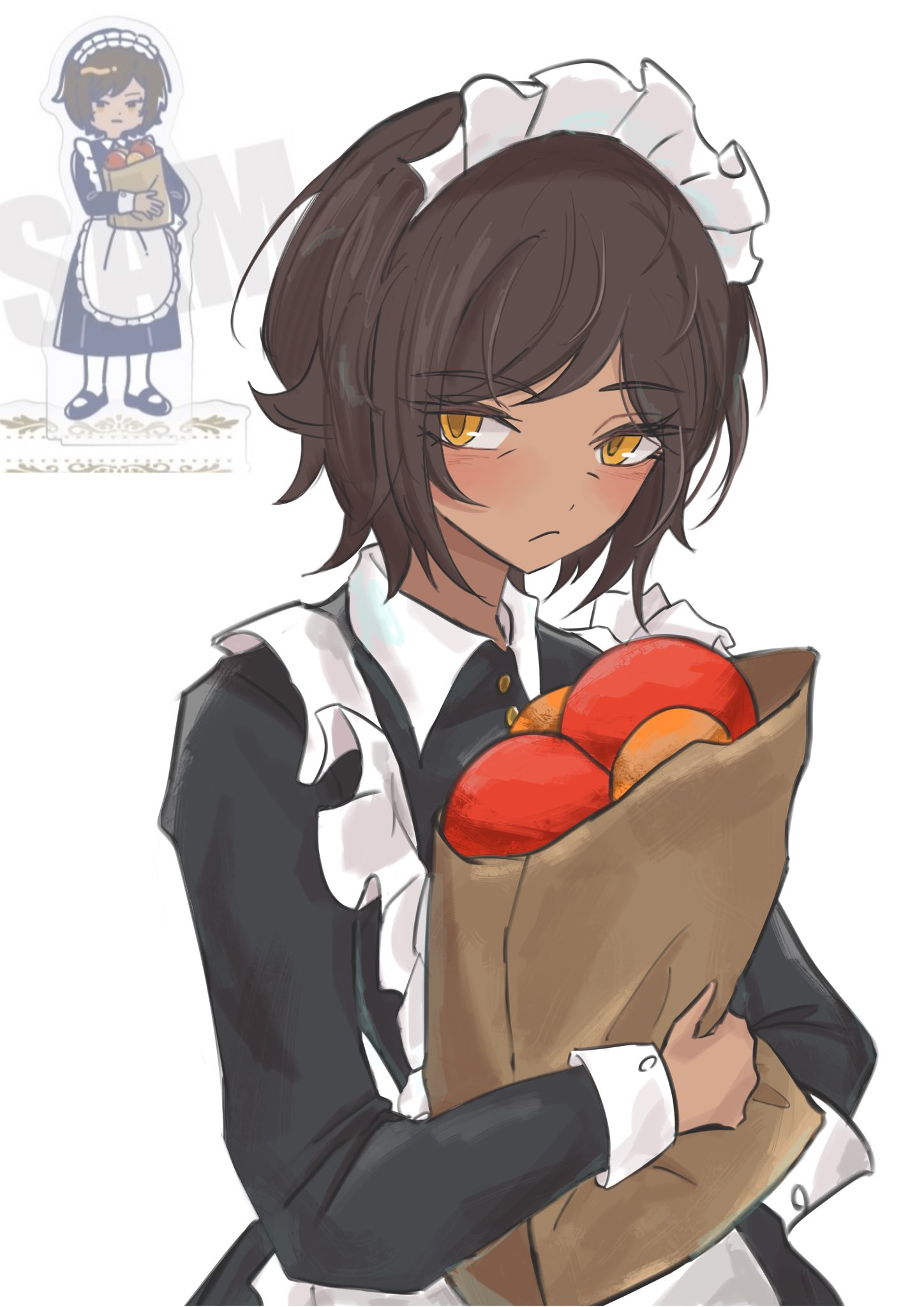 outis (project moon), limbus company, project moon, commentary request, highres, 1girl, alternate costume, apron, bag, blush, brown bag, brown hair, closed mouth, holding, holding bag, maid, maid apron, maid headdress, medium hair, paper bag, reference inset, solo, standing, torimodoki 0, white background, yellow eyes