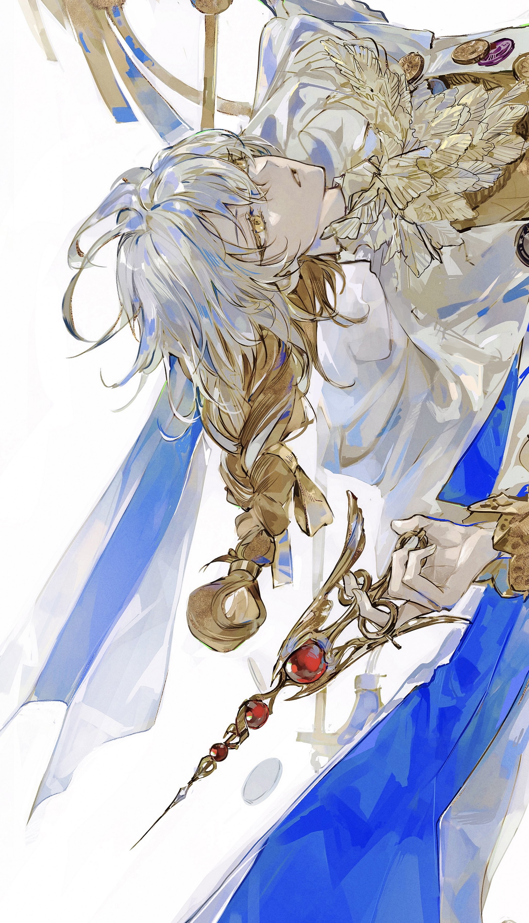 evl 1230, medicine pocket, reverse:1999, absurdres, highres, 1other, ascot, brown hair, coat, holding, long braid, looking up, multicolored hair, official alternate costume, solo, two-tone hair, upper body, white background, white coat, white hair, yellow ascot, yellow eyes