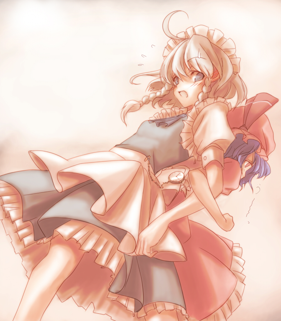 kuronuko neero, izayoi sakuya, remilia scarlet, touhou, silver hair, md5 mismatch, 2girls, ahoge, blue eyes, blue hair, braid, female focus, hairband, hat, locked arms, maid, multiple girls, pocket watch, red eyes, short hair, sweatdrop, twin braids, watch