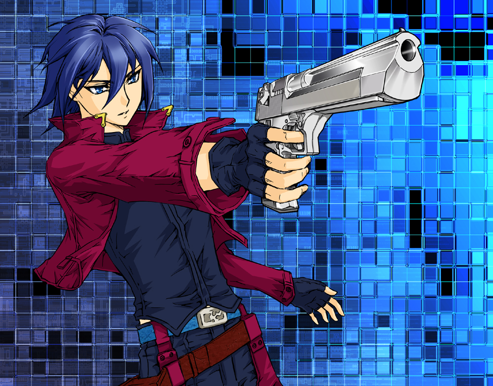 karinda, twenty, original, bad id, bad pixiv id, 1boy, blue eyes, blue hair, desert eagle, fingerless gloves, gloves, gun, handgun, male focus, matching hair/eyes, pistol, short hair, solo, weapon