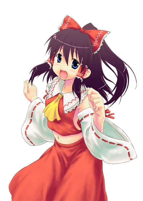 nagamori, hakurei reimu, touhou, 1girl, blue eyes, bow, brown hair, detached sleeves, female focus, hair bow, japanese clothes, midriff, miko, navel, short hair, simple background, solo, white background