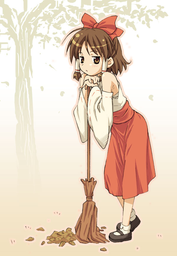 nagamori, hakurei reimu, touhou, 1girl, bow, broom, brown eyes, brown hair, detached sleeves, female focus, full body, hair bow, japanese clothes, mary janes, miko, outdoors, shoes, short hair, solo