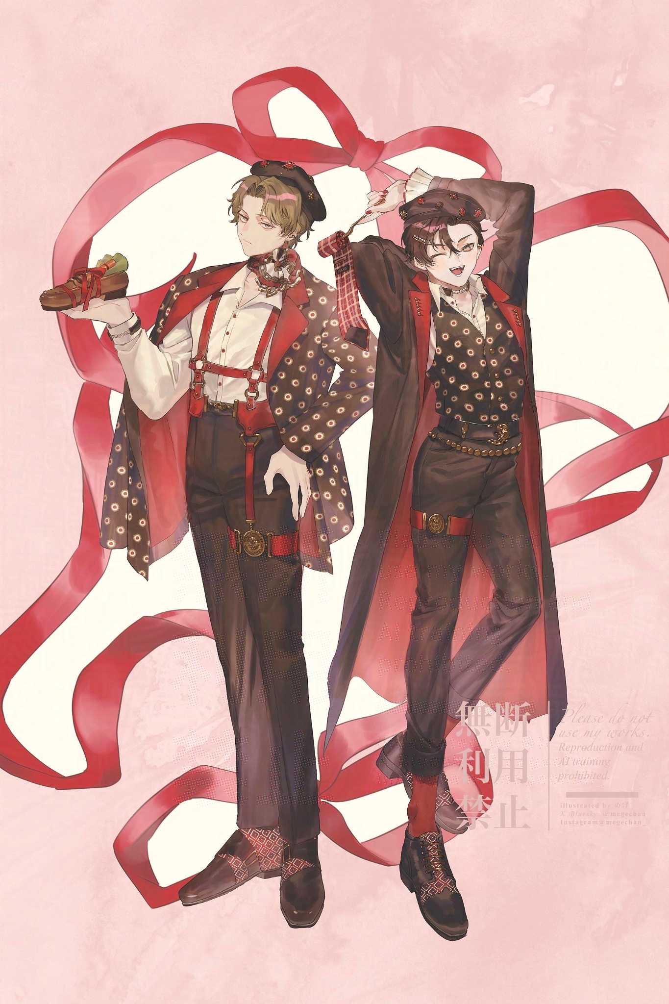 mege (megechan), original, highres, 2boys, arms up, belt, black pants, black shoes, black suit, black vest, borrowed character, brown eyes, brown hair, buttons, closed mouth, collared shirt, dress shoes, forehead, formal clothes, frilled sleeves, frills, hair between eyes, hand on own hip, holding, jacket, legs, long sleeves, looking at viewer, male focus, multiple boys, one eye closed, open mouth, pants, red nails, red socks, shirt, shoes, short hair, socks, suit, suit jacket, teeth, tongue, vest, white shirt