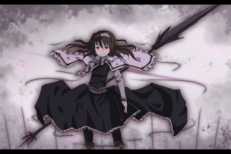 nankyoku, nankyoku (toricchi), alice margatroid, touhou, 1girl, black hair, capelet, female focus, hairband, letterboxed, pantyhose, polearm, red eyes, solo, standing, weapon