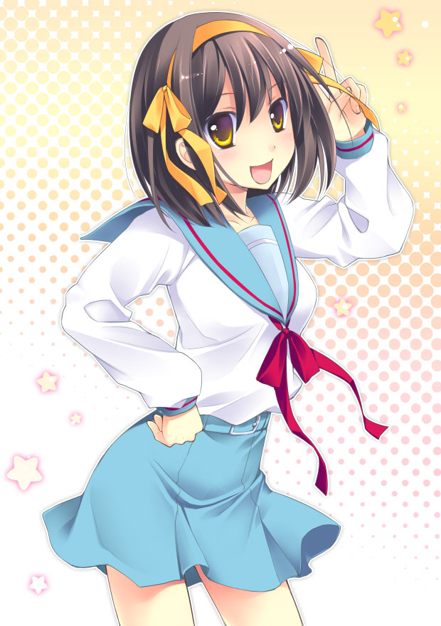 chany, suzumiya haruhi, suzumiya haruhi no yuuutsu, 00s, 1girl, breasts, brown hair, female focus, hairband, halftone, halftone background, hand on own hip, hip focus, school uniform, serafuku, solo, v, yellow eyes
