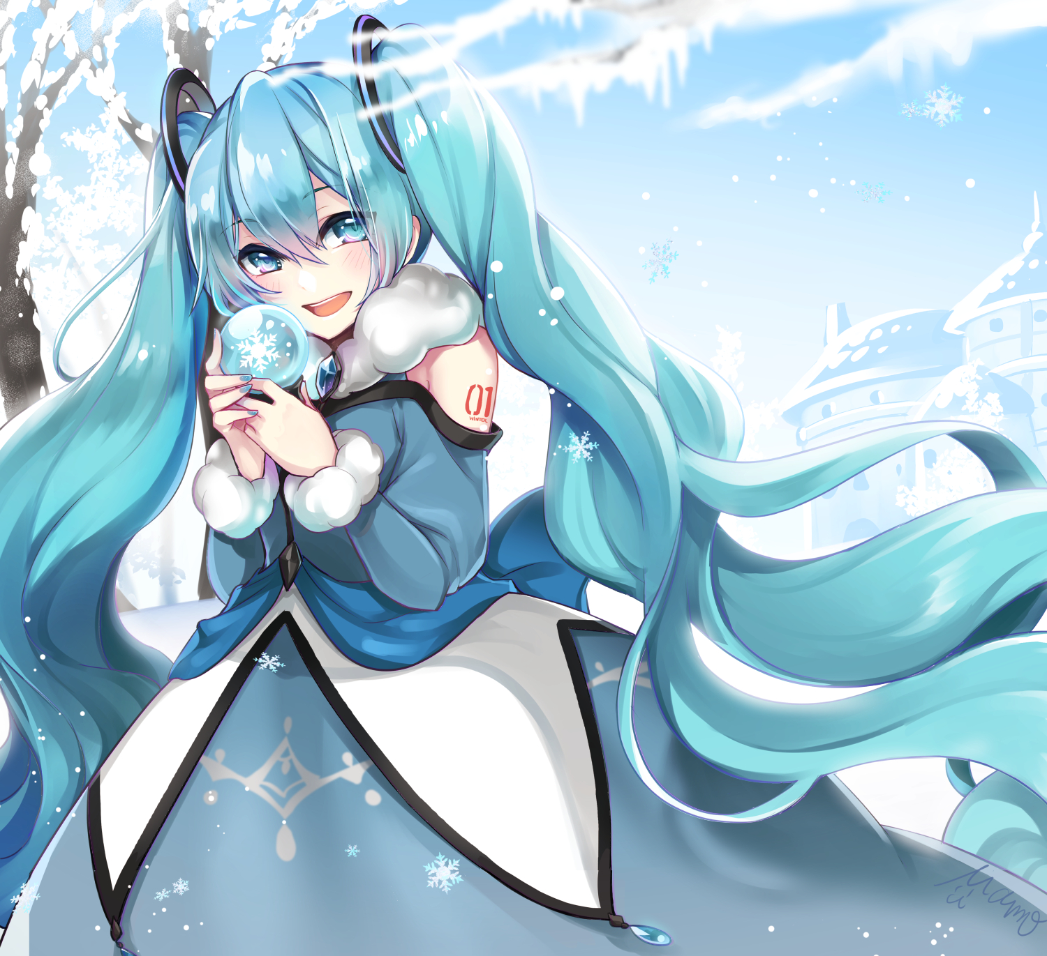 mamo (fortune-mm), hatsune miku, vocaloid, commentary request, highres, 1girl, aqua eyes, aqua hair, aqua necktie, arm tattoo, dress, fur-trimmed dress, fur trim, hair between eyes, hair ornament, holding, holding snow globe, long hair, long sleeves, looking at viewer, necktie, number tattoo, open mouth, outdoors, princess, smile, snow globe, snowflakes, solo, tattoo, twintails, very long hair