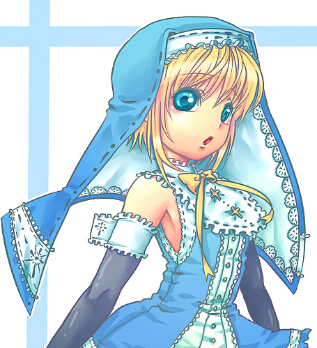 hiyohiyo (naga), bridget (guilty gear), guilty gear, guilty gear xx, lowres, 1boy, aqua eyes, arms at sides, bare shoulders, bib collar, black gloves, blonde hair, blue dress, blue veil, buttons, center frills, cross, cross background, cross print, dress, floating clothes, frilled gloves, frills, gloves, lace-trimmed veil, lace trim, latin cross, looking at viewer, male focus, neck ribbon, open mouth, ribbon, short hair, sidelocks, solo, trap, two-sided veil, two-tone dress, upper body, veil, white background, white trim, yellow ribbon