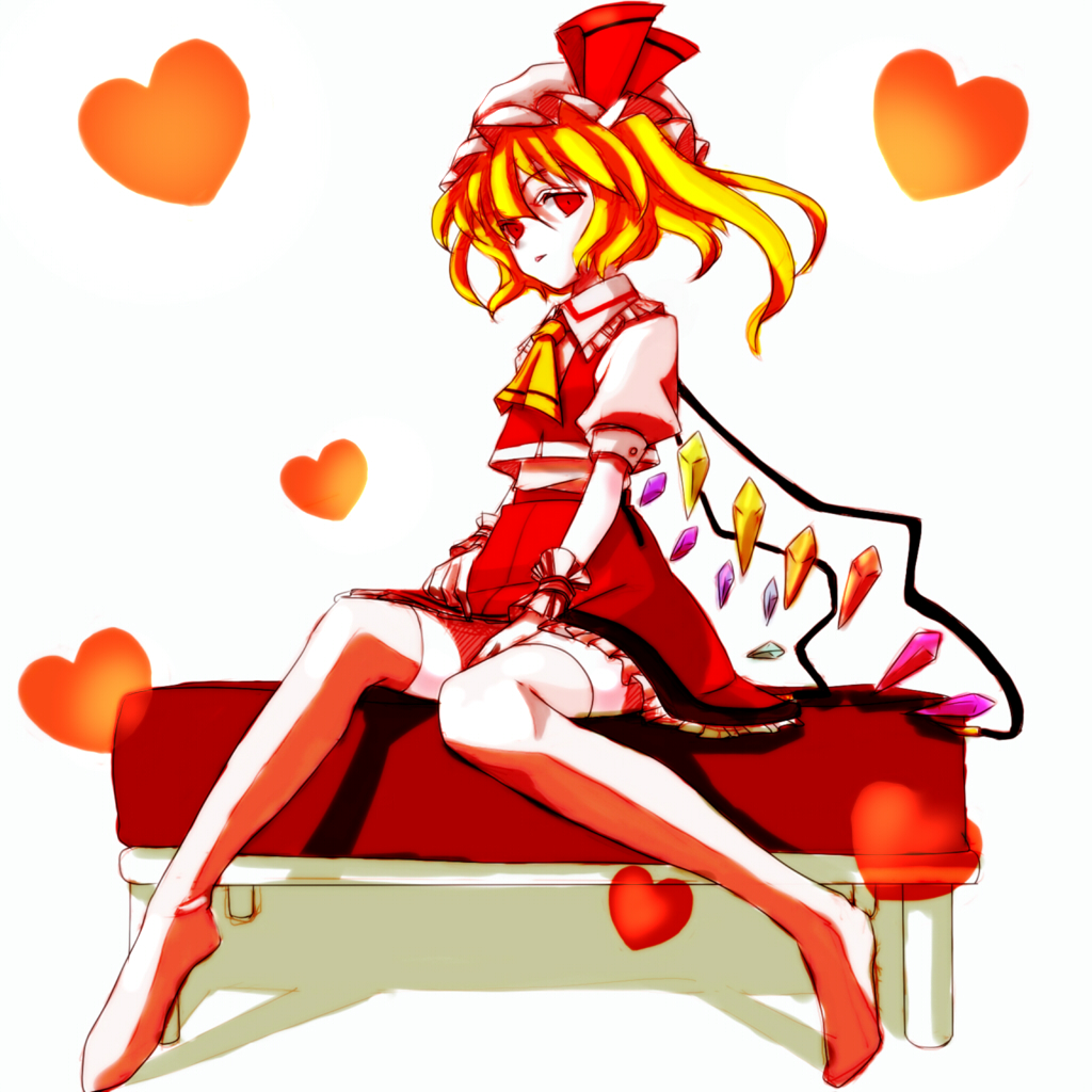 kuronuko neero, flandre scarlet, embodiment of scarlet devil, touhou, 1girl, blonde hair, blouse, collared shirt, female focus, hat, heart, one side up, ponytail, red eyes, shirt, short hair, side ponytail, solo, thighhighs, white background, white shirt, wings