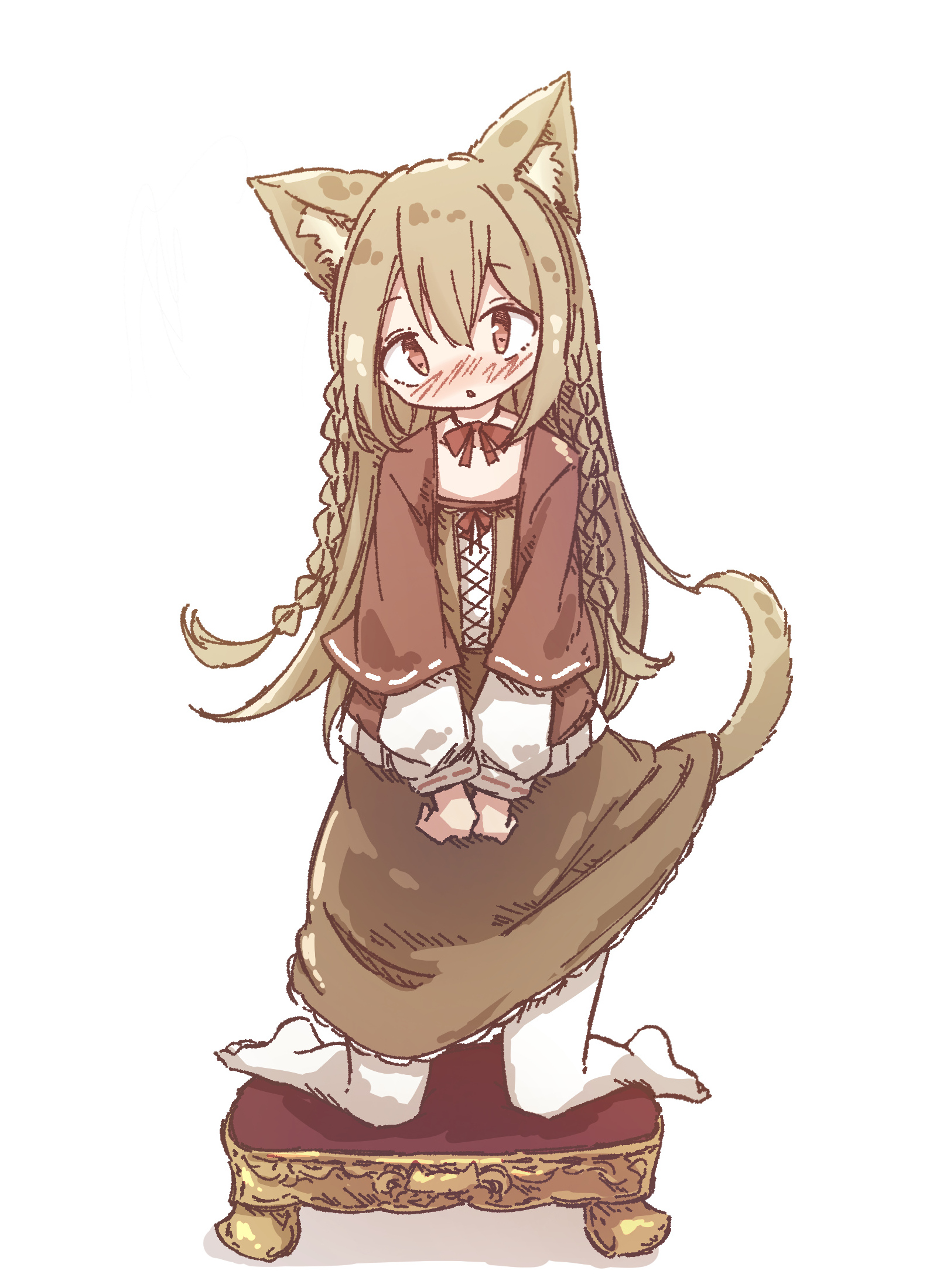 chipie 0114, original, highres, 1girl, animal ear fluff, animal ears, blush, brown eyes, brown hair, brown skirt, cat ears, cat girl, cat tail, kneeling, long sleeves, looking at viewer, no shoes, own hands together, pantyhose, simple background, skirt, solo, tail, v arms, white background, white pantyhose
