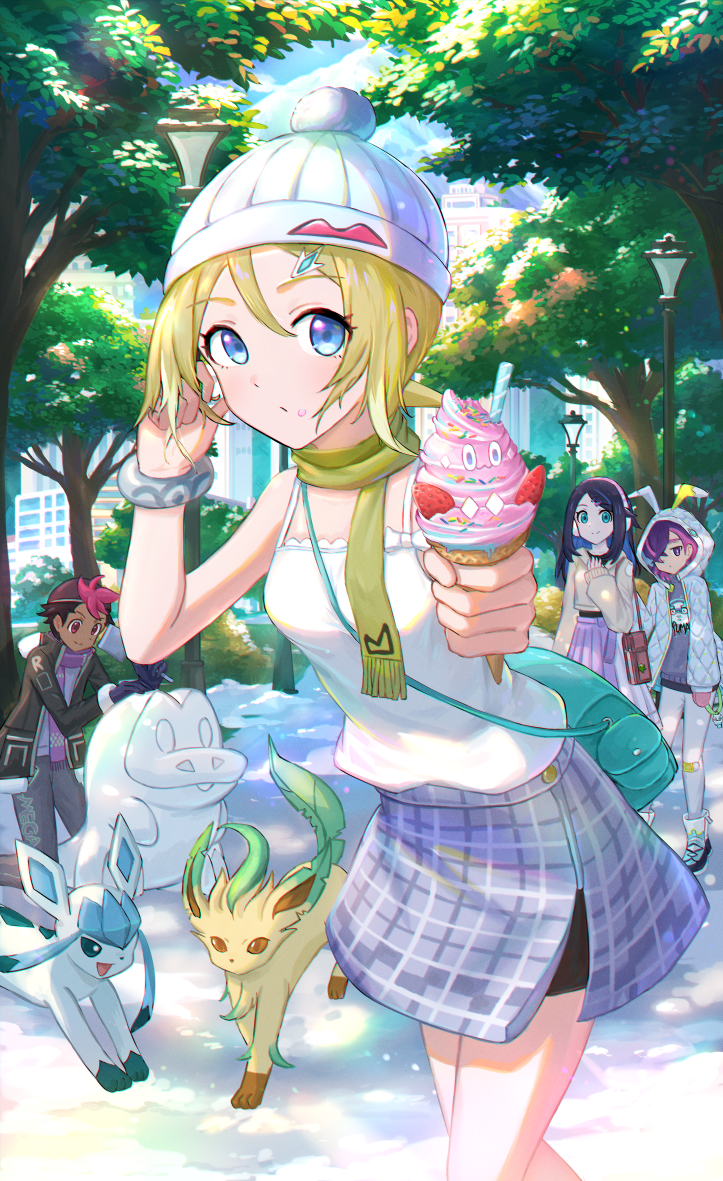kutsunohito, dot (pokemon), irida (pokemon), liko (pokemon), roy (pokemon), nintendo, pokemon, pokemon (anime), pokemon horizons, pokemon legends: arceus, 1boy, 3girls, beanie, blonde hair, blue eyes, bracelet, closed mouth, contemporary, food, green bag, hair between eyes, hat, holding, holding ice cream cone, ice cream, ice cream cone, jewelry, lamppost, multiple girls, pokemon (creature), scarf, shadow, shirt, skirt, sleeveless, sleeveless shirt, tree, white hat, white shirt, yellow scarf