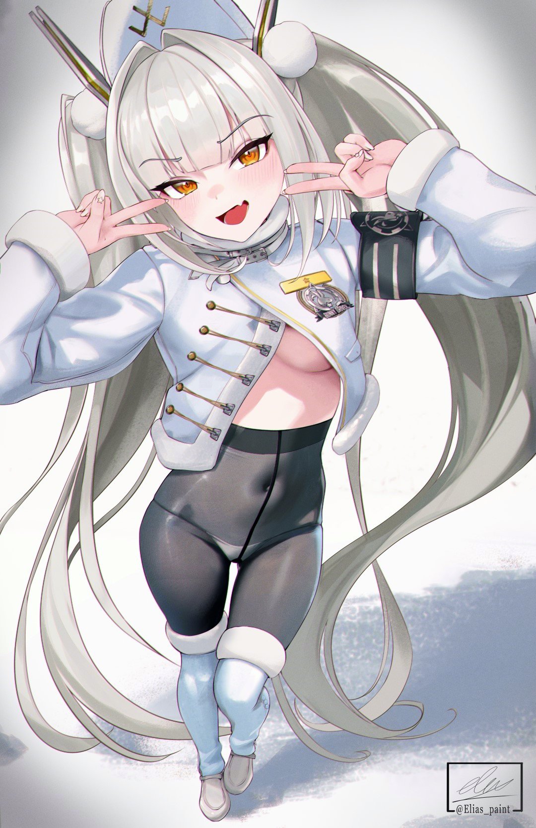 elias2art, blanc (fortune express) (nikke), blanc (nikke), goddess of victory: nikke, highres, 1girl, armband, black armband, black pantyhose, boots, breasts, double v, fang, foreshortening, fur-trimmed boots, fur trim, hat, jacket, long hair, long sleeves, looking at viewer, official alternate costume, panties, panties under pantyhose, pantyhose, see-through pantyhose, skin fang, smile, solo, twintails, underboob, underwear, v, very long hair, white boots, white hair, winter clothes, yellow eyes