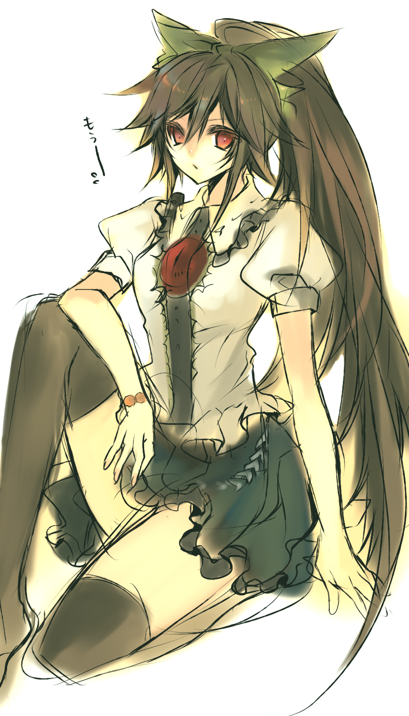 hina (pico), hina (pixiv), reiuji utsuho, touhou, highres, 1girl, female focus, simple background, solo, thighhighs, white background