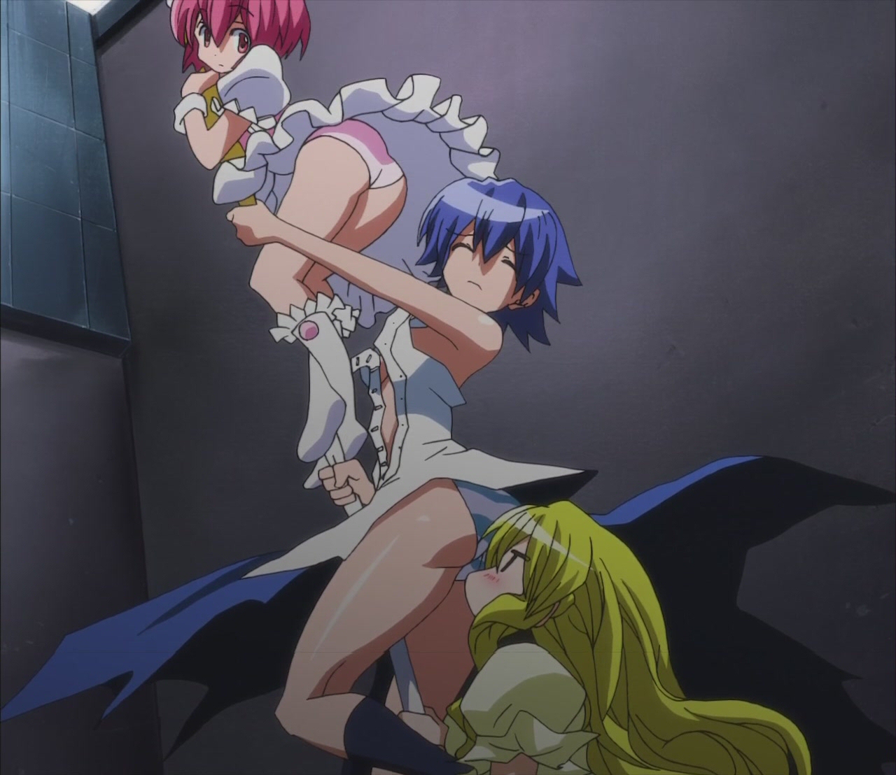 kuchinashi (needless), mio (needless), setsuna (needless), needless, anime screenshot, stitched, third-party edit, 3girls, ass, blonde hair, blue hair, blush, multiple girls, panties, pink hair, striped clothes, striped panties, underwear