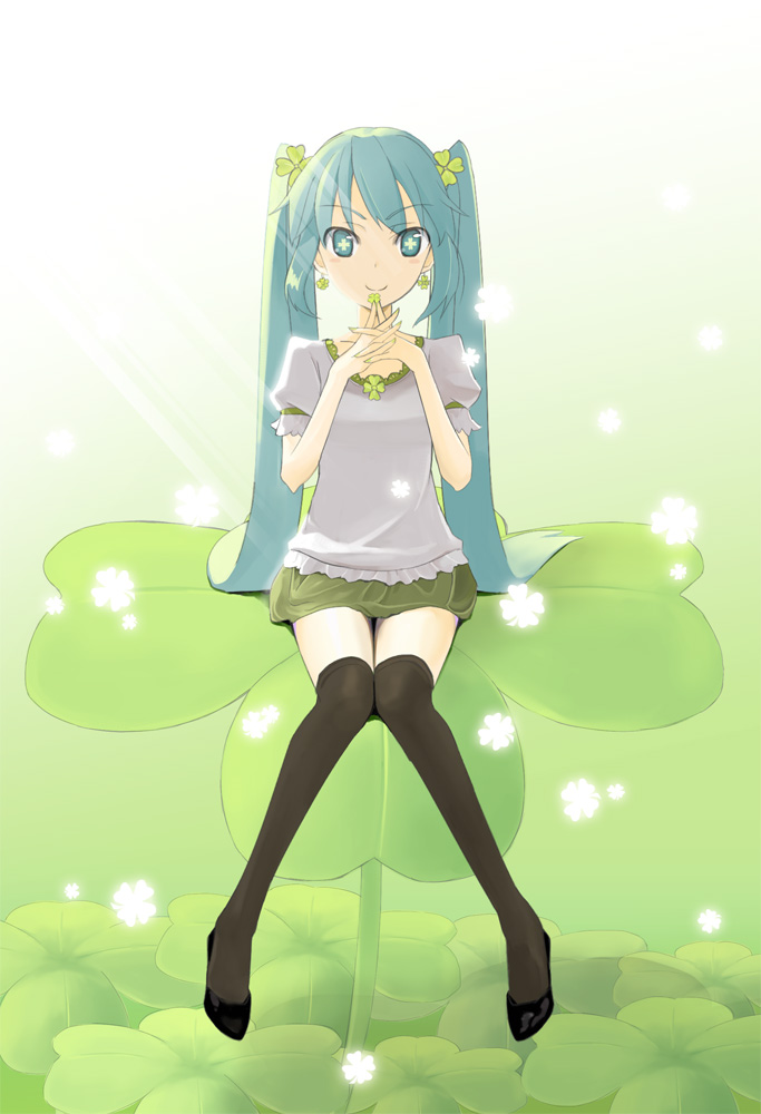 powhu, hatsune miku, vocaloid, + +, 1girl, aqua eyes, aqua hair, casual, clover, female focus, four-leaf clover, full body, legs, long hair, nature, skirt, solo, thighhighs, twintails, zettai ryouiki