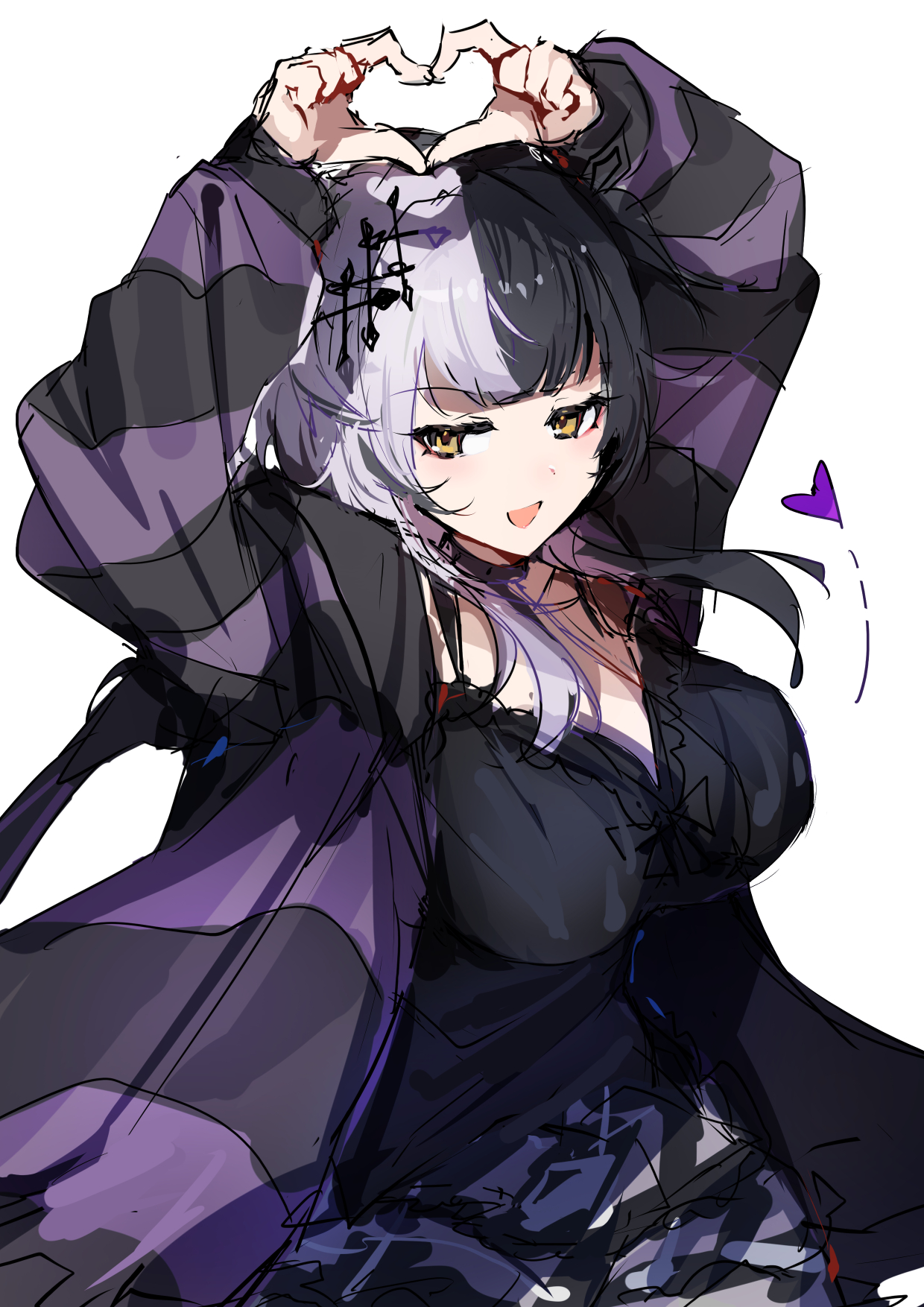 carternanmen, shiori novella, hololive, hololive english, hashtag-only commentary, highres, 1girl, alternate costume, arms up, black dress, black hair, black jacket, breasts, dress, four-finger heart hands, grey hair, hair ornament, heart, heart hands, jacket, large breasts, long hair, long sleeves, looking at viewer, multicolored hair, multicolored jacket, open clothes, open jacket, open mouth, purple jacket, simple background, sketch, smile, solo, split-color hair, striped clothes, striped jacket, two-tone hair, two-tone jacket, upper body, white background, yellow eyes