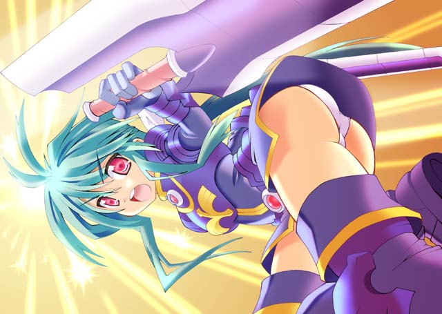 shinozuka atsuto, polaris (shinrabanshou), shinrabanshou, 1girl, antenna hair, ass, bent over, boots, female focus, gloves, green hair, long hair, open mouth, panties, pantyshot, ponytail, purple thighhighs, red eyes, solo, sword, thigh boots, thighhighs, underwear, weapon