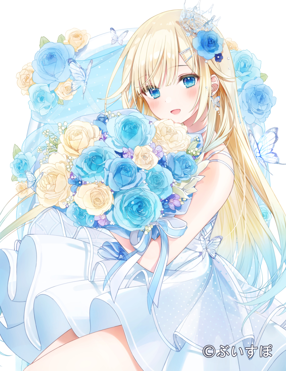 a20 (atsumaru), aizawa ema, vspo!, highres, official art, 1girl, blonde hair, blue eyes, blue flower, blue rose, blush, bouquet, bug, butterfly, cowboy shot, dress, flower, gradient hair, hair flower, hair ornament, holding, holding bouquet, insect, long hair, looking at viewer, multicolored hair, rose, straight hair, swept bangs, virtual youtuber, white background, white dress
