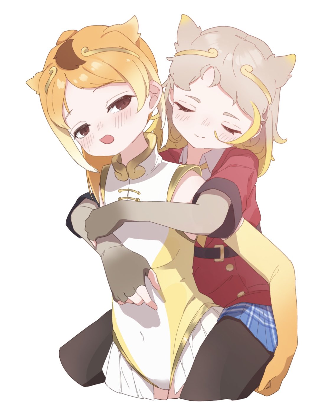 sarutori, golden snub-nosed monkey (kemono friends), son goku (kemono friends), kemono friends, highres, 2girls, animal ears, bare shoulders, belt, black belt, black pantyhose, blonde hair, blue skirt, blush, brown eyes, brown gloves, carrying, circlet, closed eyes, collared shirt, cowboy shot, elbow gloves, extra ears, fingerless gloves, gloves, gold trim, gradient gloves, gradient hair, grey gloves, grey hair, high collar, jacket, leotard, monkey ears, monkey girl, monkey tail, multicolored hair, multicolored leotard, multiple girls, necktie, orange gloves, orange hair, pantyhose, piggyback, plaid clothes, plaid skirt, pleated skirt, red jacket, shirt, short hair, short sleeves, showgirl skirt, sidelocks, skirt, sleeveless, smile, tail, two-tone leotard, white leotard, white shirt, white skirt, yellow gloves, yellow leotard, yellow necktie